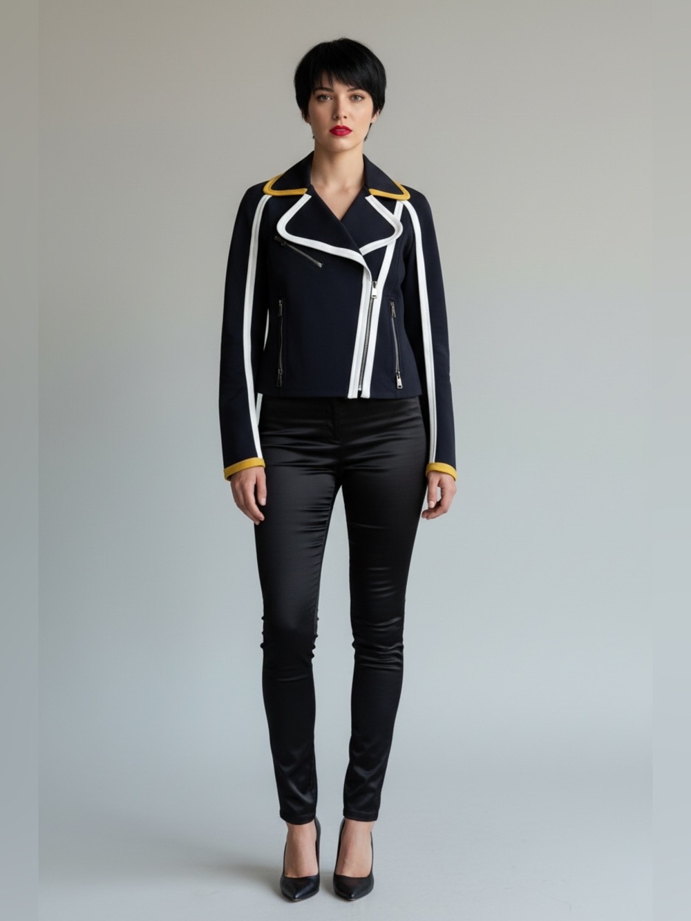 Fendi NWT Moto Jacket with White Piping and Yellow Trim